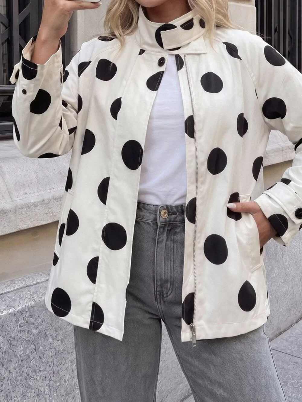Black And White Casual Women's Polka Dot Print Raglan Long Sleeve Jacket